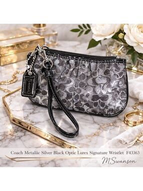 Coach Metallic Silver Black Optic Lurex Signature Small Zipper Wristlet F43363